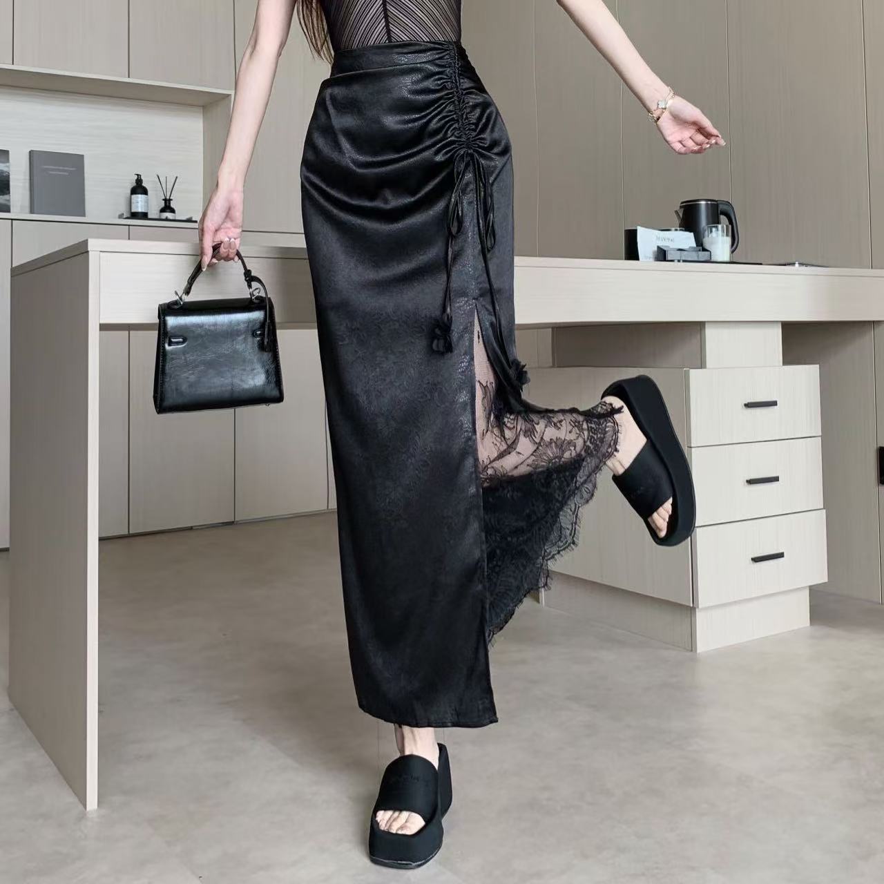 黑色提花蕾丝半身裙女2025春夏新款抽绳褶皱高腰显瘦开衩长裙