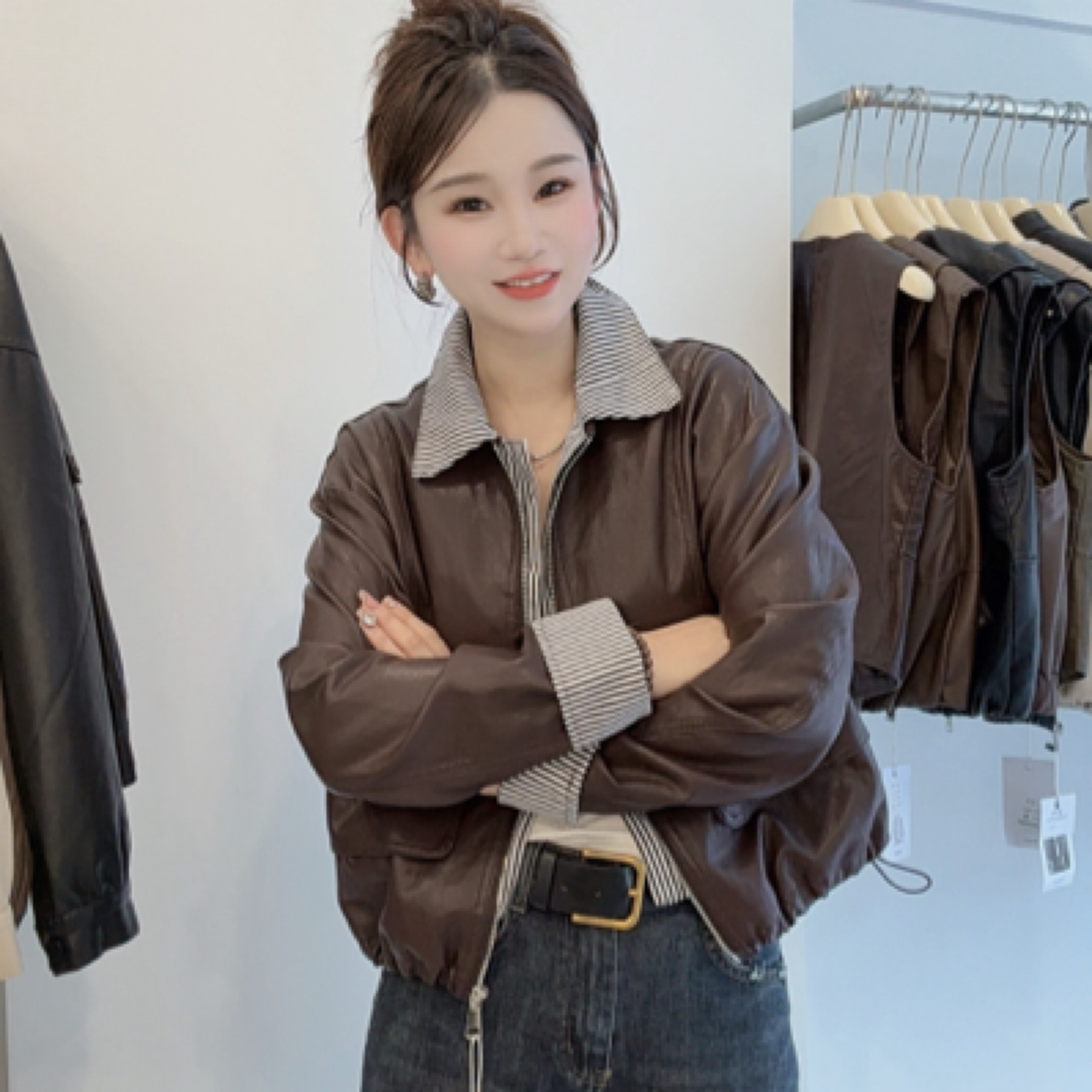 【暖暖专属】拼接衬衫夹两件秋季宽松型皮衣复古夹克痞帅复古风9803