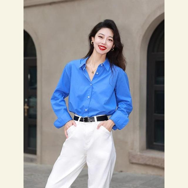 棉布薄款蓝色长袖衬衣女气质减龄洋气高级感衬衫宽松显瘦女士上衣