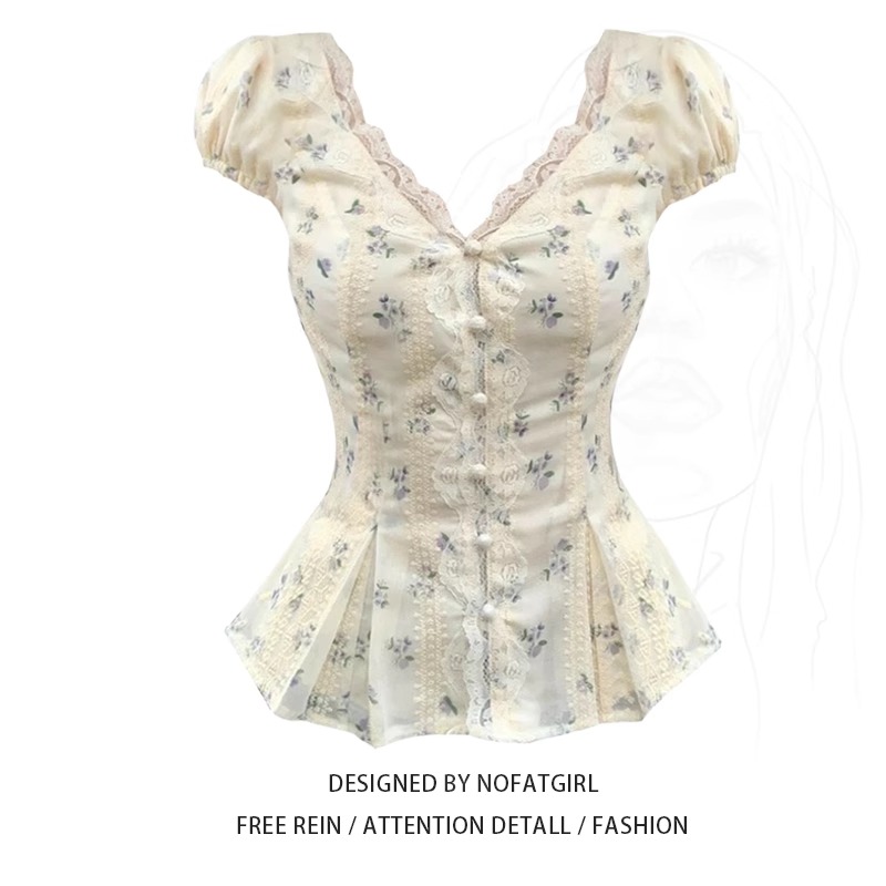 大码胖MM法式气质高级感V领蕾丝花边收腰衬衫女独特漂亮绝美上衣