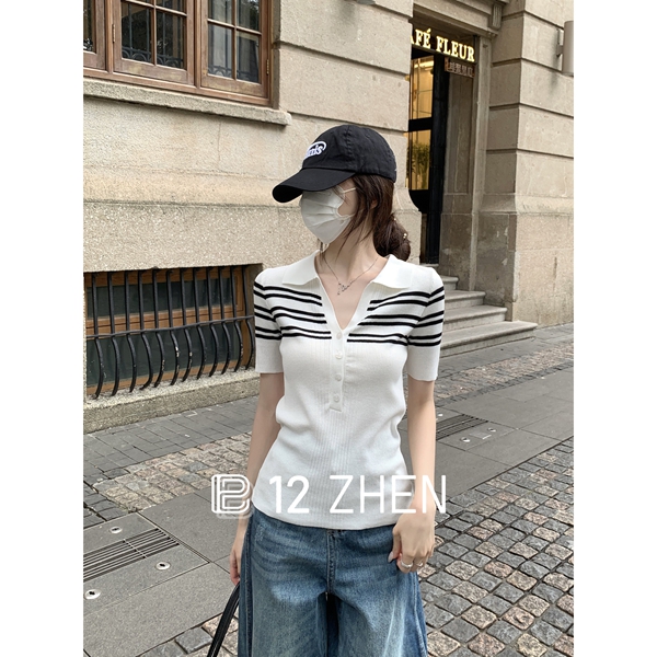 2025夏季韩版气质polo领纽扣复古撞色条纹针织衫设计感短袖上衣女