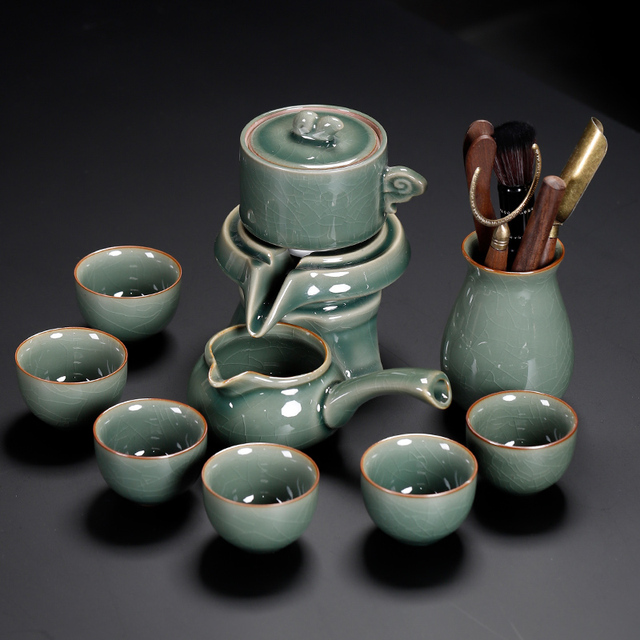 哥窑功夫茶具套装2023新款家用自动石磨懒人泡茶防烫神器盖碗茶杯