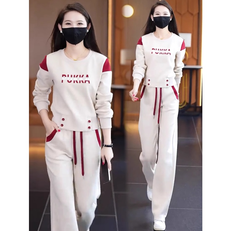 拉夏贝尔时尚休闲套装女2025年秋季新款显瘦印花卫衣阔腿裤两件套