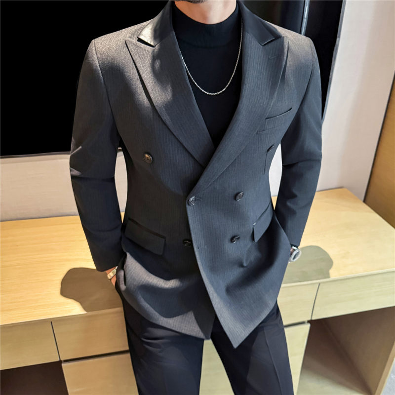 厚款双排扣条纹高品质拼皮西装外套男士单西上衣深灰色英伦西服