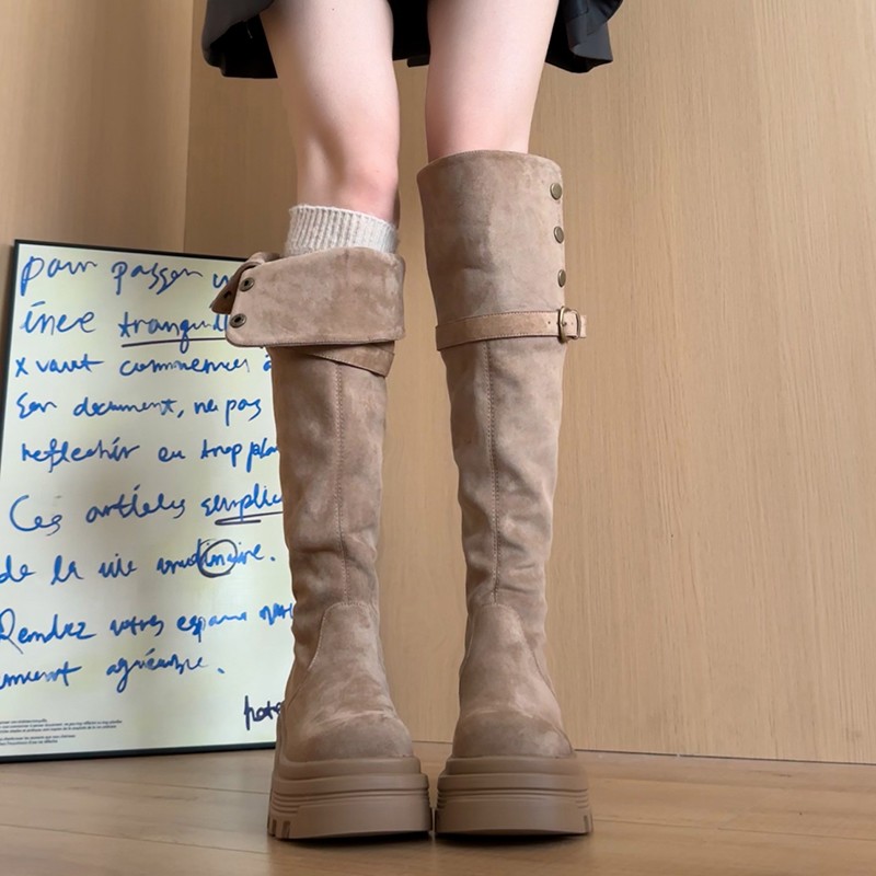 小个子8cm增高绒面皮带装饰骑士靴女2025冬季新款高筒不过膝长靴