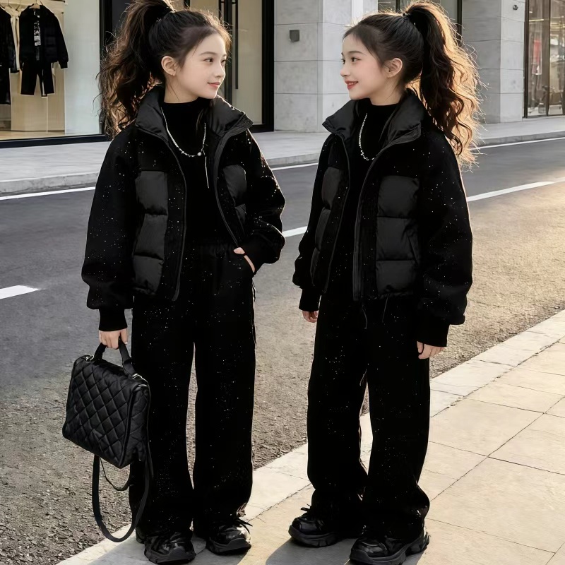 2025女童新款儿童秋冬季韩系时尚棉服满天星加绒休闲裤两件套潮酷