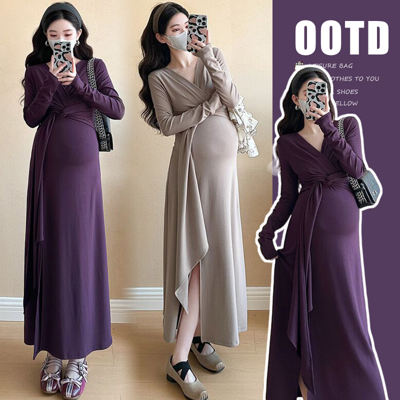 孕妇装春装连衣裙孕期高级感气质过膝长裙紧身包臀裙子2025新款女