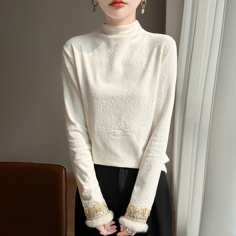新款针织上衣常规款提花秋冬打底半高领长袖百搭上衣洋气毛绒袖