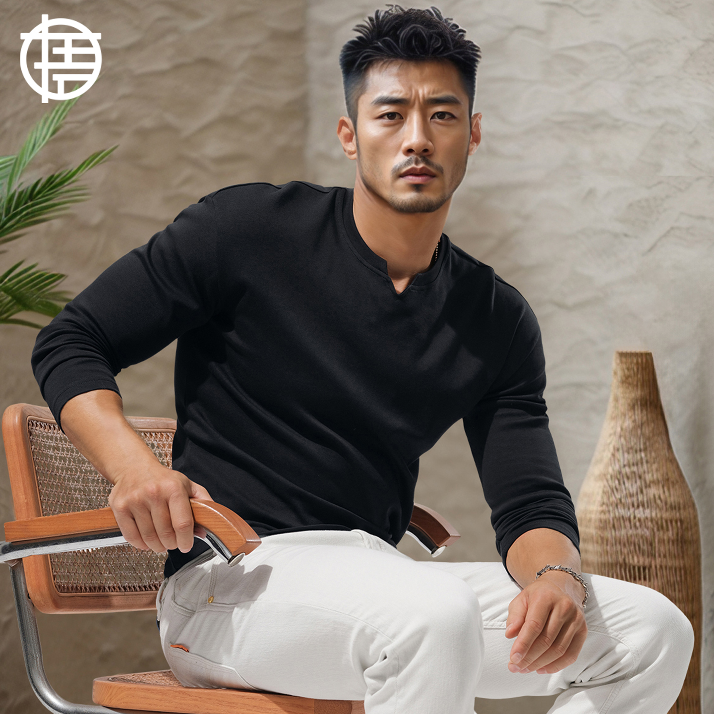 小V领打底衫男士修身紧身内搭薄款纯色棉长袖T恤初秋冬季外穿上衣