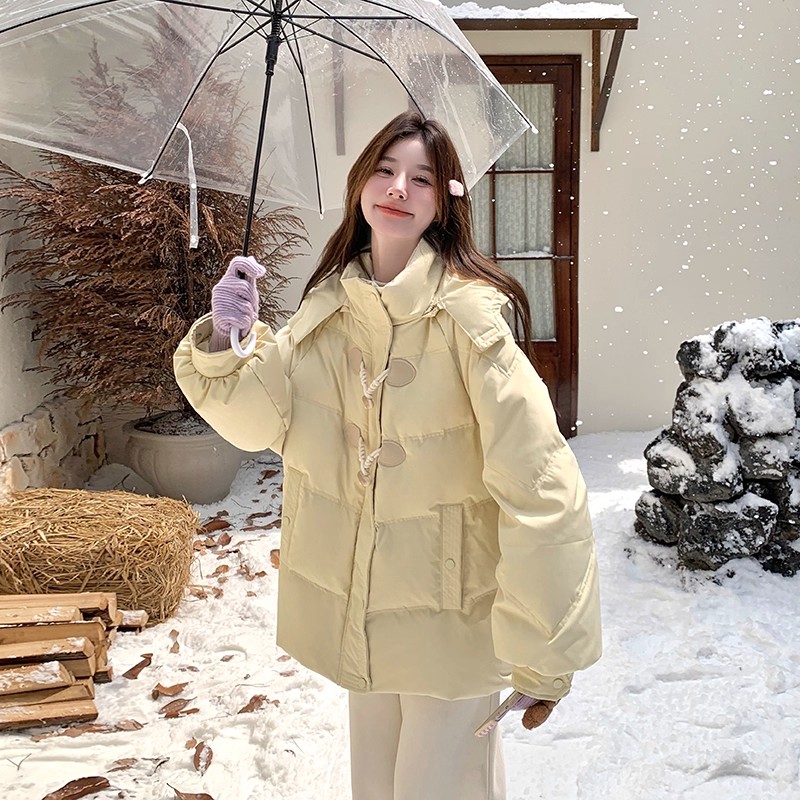 黄色连帽牛角扣短款棉服外套女冬季2025年新款设计感宽松加厚棉衣