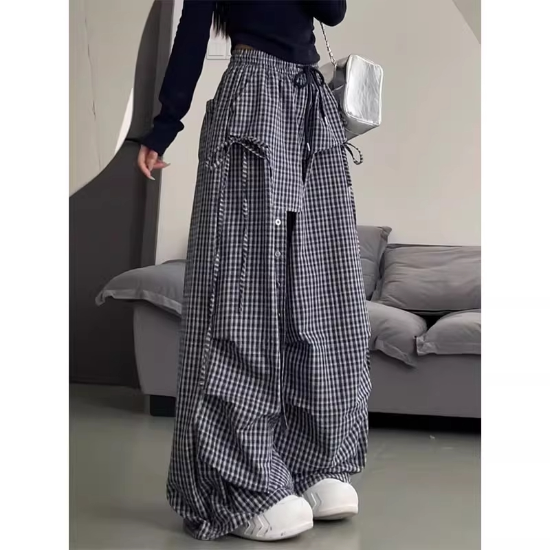 美式屁帘格子工装裤夏薄款设计感高腰显瘦垂感休闲宽松运动阔腿裤