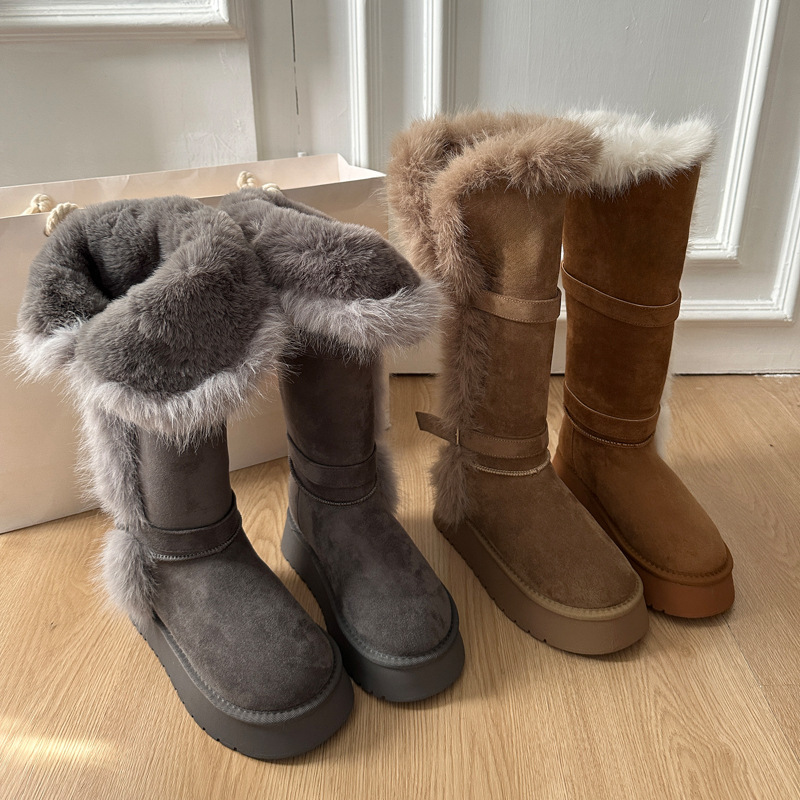 厚底毛毛加绒加厚保暖增高5公分时尚雪地靴皮带扣冬季新款百搭女