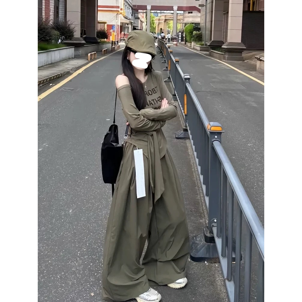 韩版露肩斜领绑带字母印花T恤女2025秋季新款高腰宽松阔腿裤套装