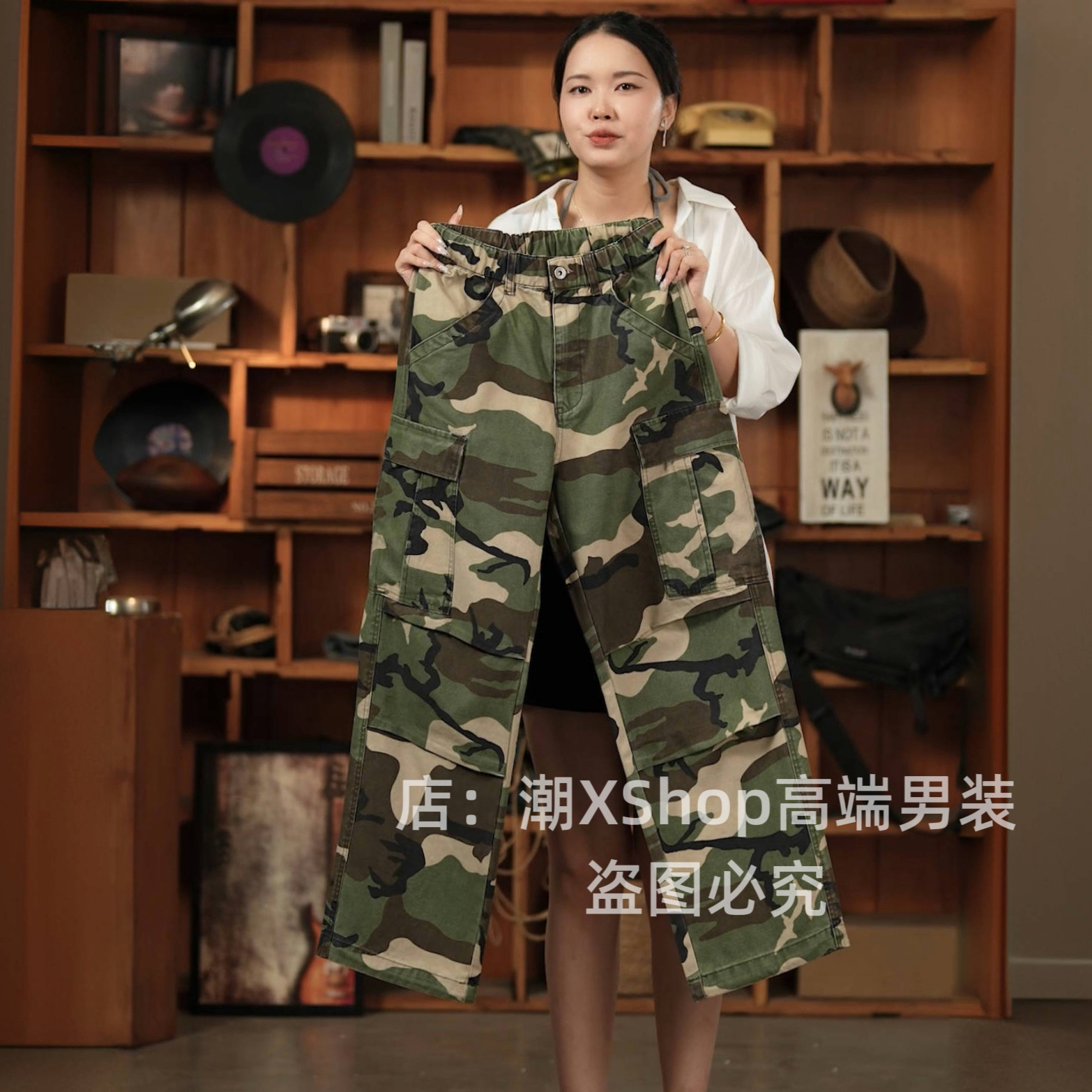 重工轻奢原创美式复古迷彩工装裤男士高街宽松直筒阔腿裤休闲裤潮