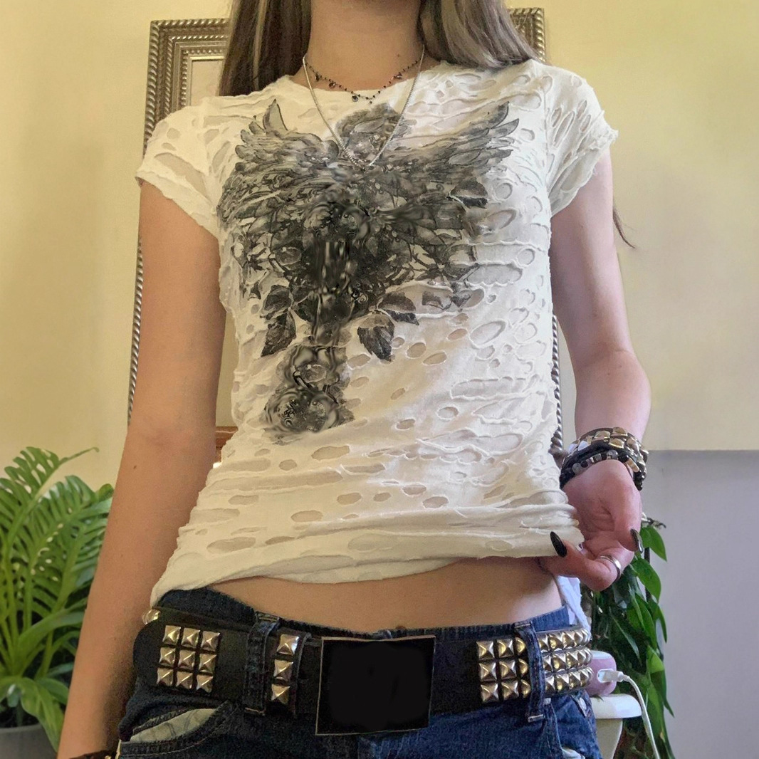 vintage美式复古暗黑风印花T恤个性辣妹修身显瘦百搭夏季短袖上衣