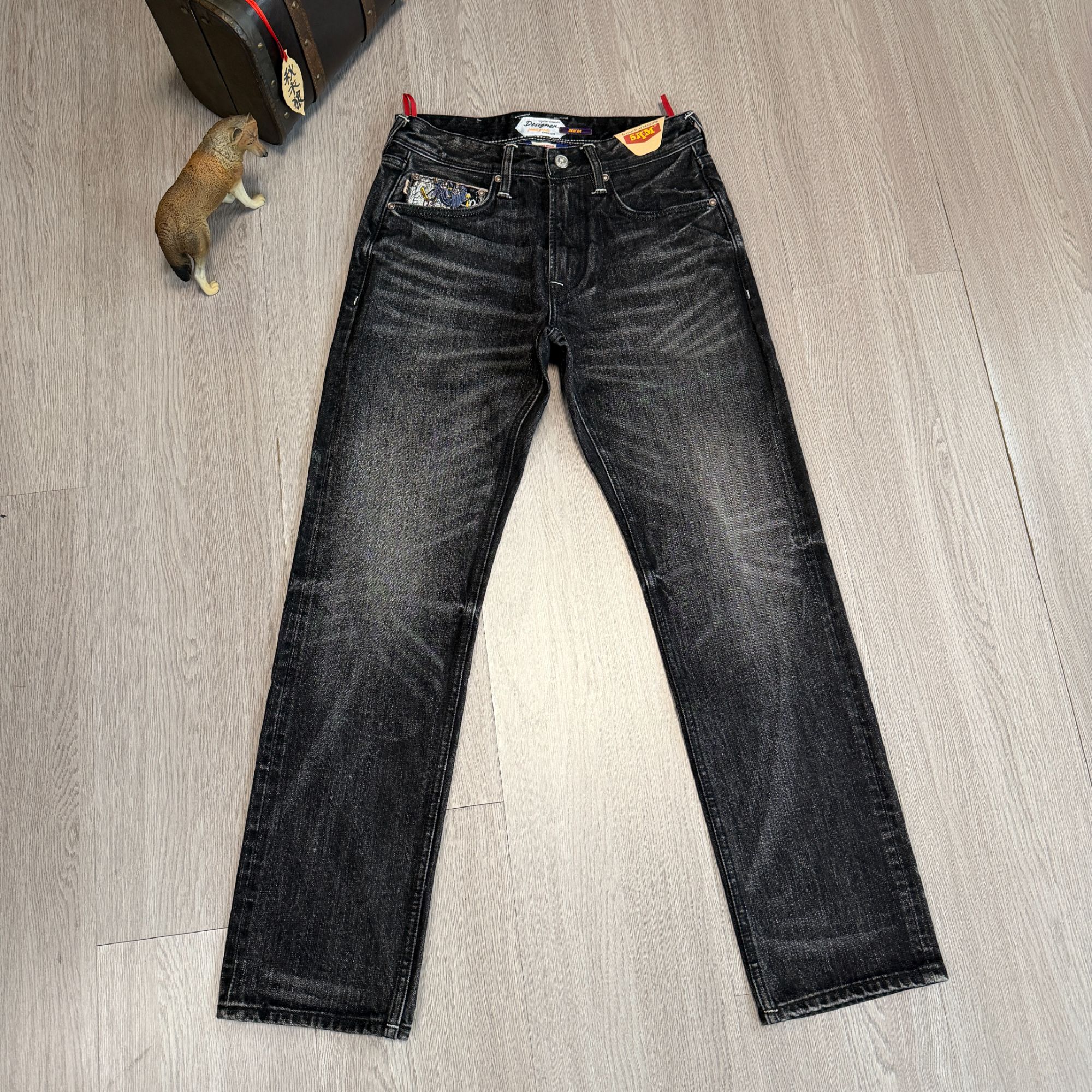 M12秋冬新款17盎司耀石黑色纯棉无弹男士牛仔裤中高腰直筒牛仔长