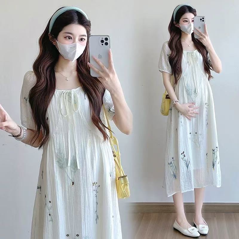 孕妇装夏季法式重工刺绣碎花百褶宽松气质长款孕妇连衣裙时尚显瘦