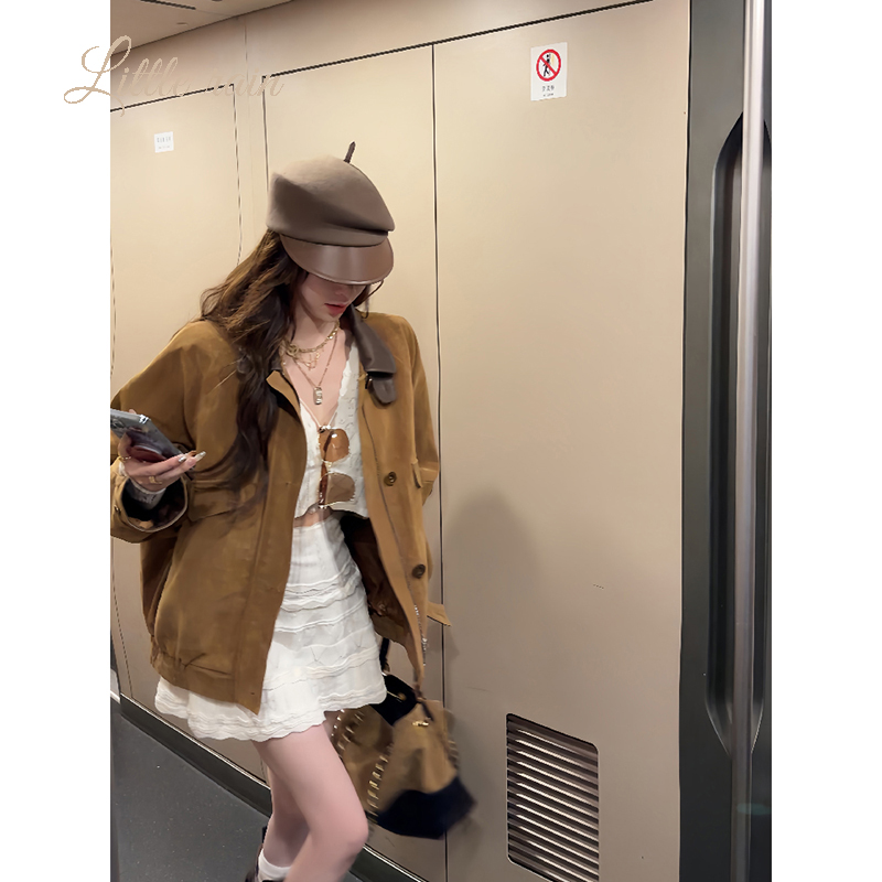 小雨姐姐【西部旧片】时尚复古设计感做旧夹克撞色拼皮翻领收腰外套