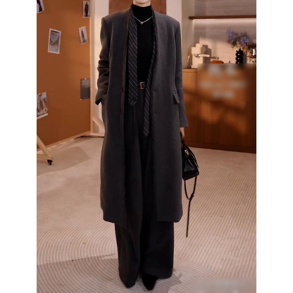 高级气质时尚套装女2026冬季新款深灰色夹棉毛呢外套+裤子两件套