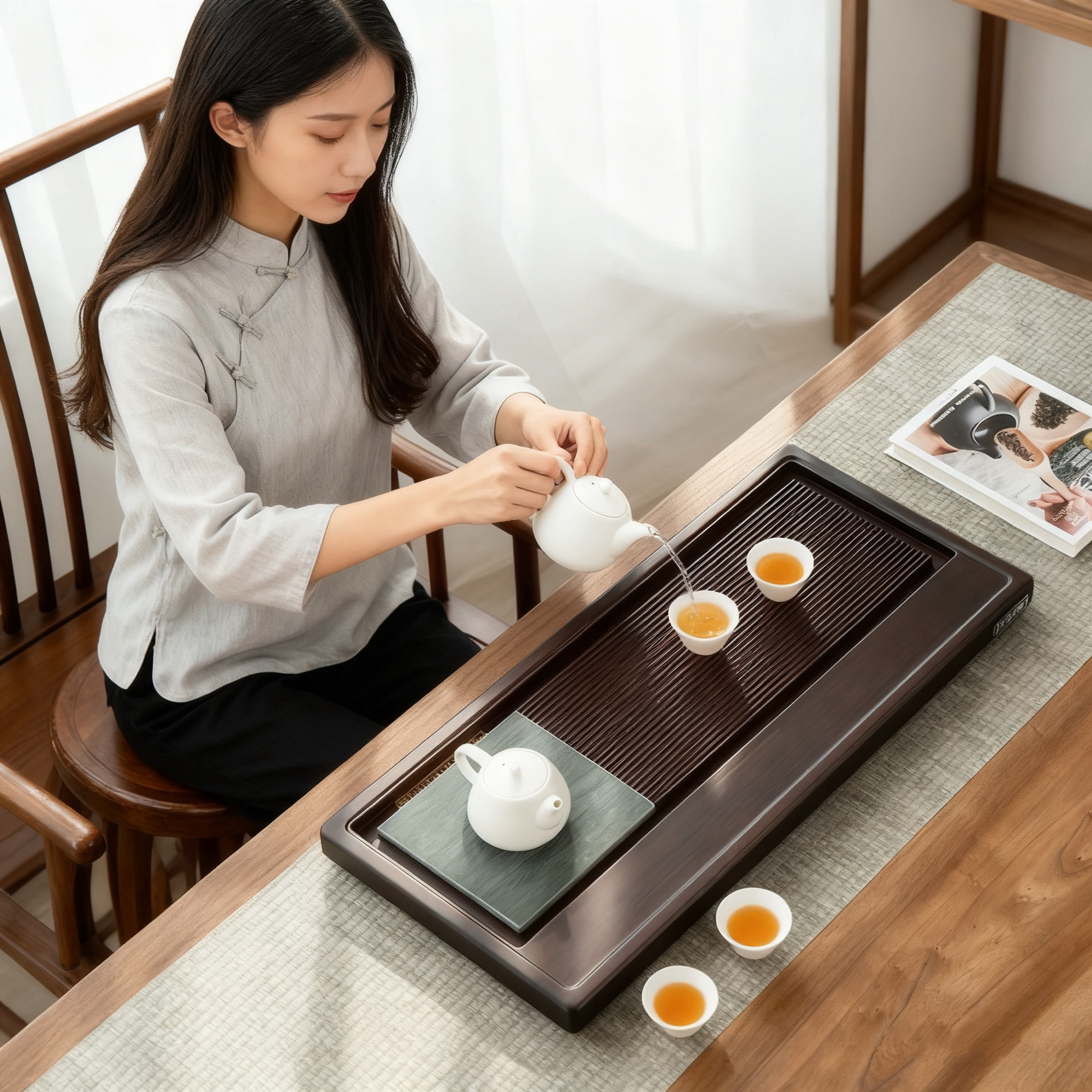 茶托盘竹新款高端办公室桌面专用排水电木高档大号茶盘小型