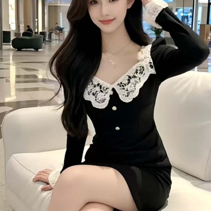 2025秋季新款大码甜辣风高级设计感裙子女春秋蕾丝拼接黑色连衣裙