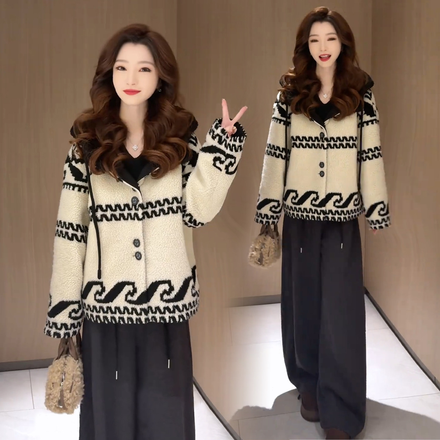 时尚夹棉加厚羊羔毛外套女冬季新款宽松显瘦保暖上衣洋气连帽棉袄