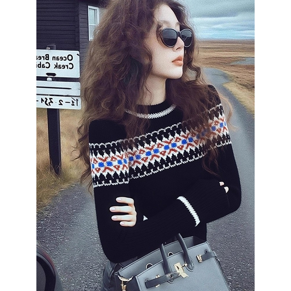 2025秋冬小众不撞款针织内搭高级感韩系独特别致黑色费尔岛毛衣女