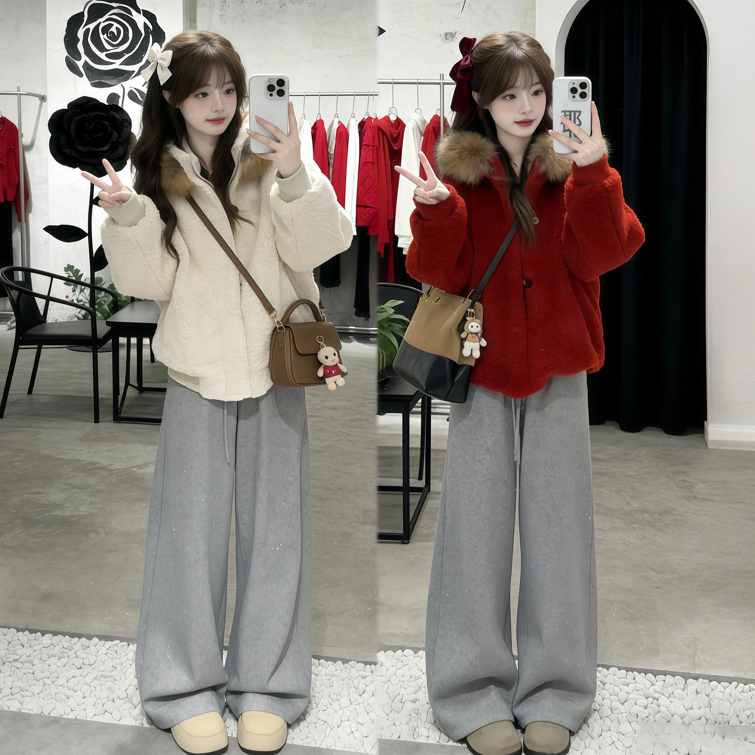 独特漂亮冬装一整套氛围感红色毛茸茸保暖外套搭配休闲裤两件套装