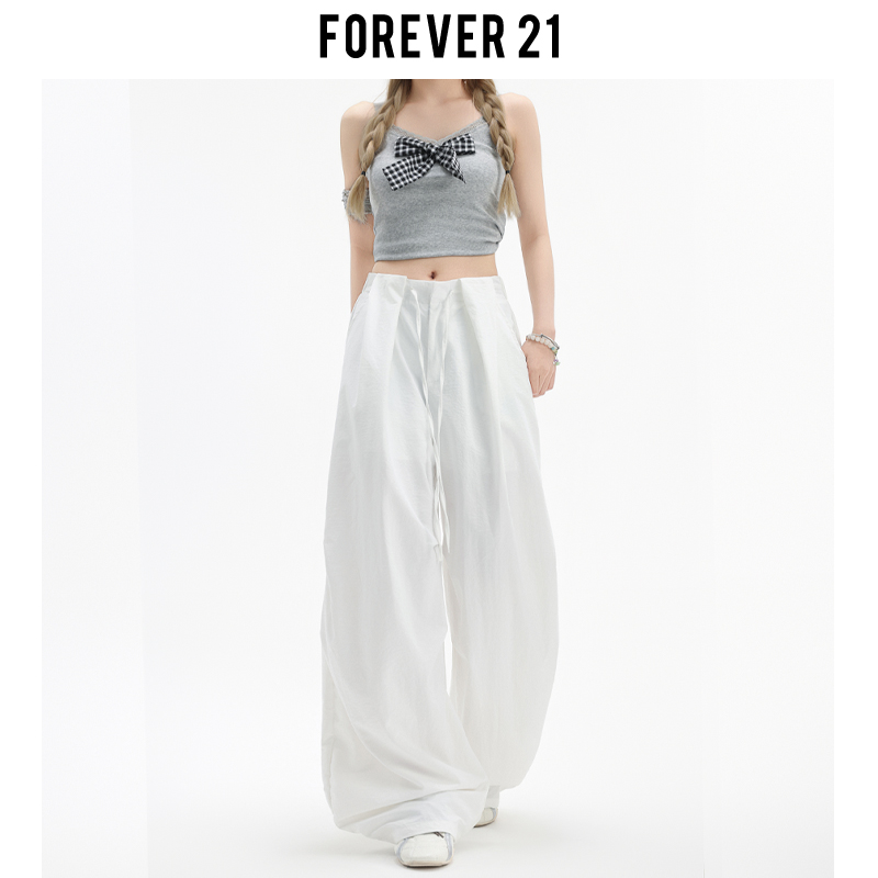 Forever 21美式白色高腰阔腿工装休闲裤女2025夏百搭宽松伞兵裤子