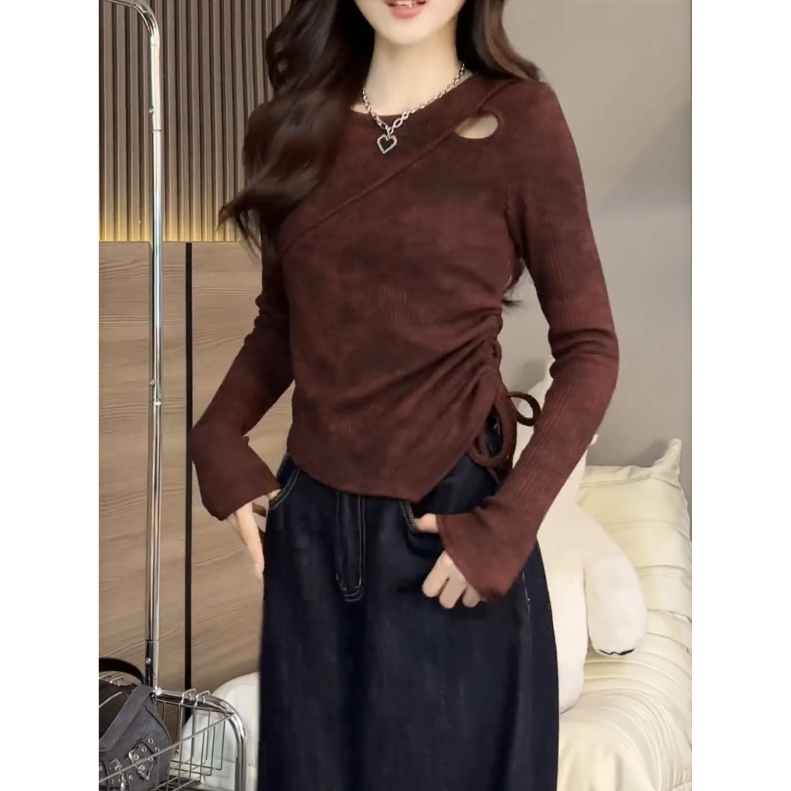 复古扎染镂空不规则长袖t恤女秋冬季褶皱抽绳收腰短款打底衫上衣