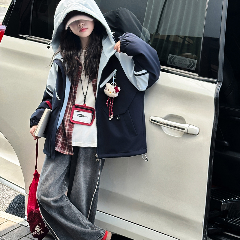 女童加绒外套2025新款儿童秋冬双面穿上衣大童冬季连帽加厚冲锋衣