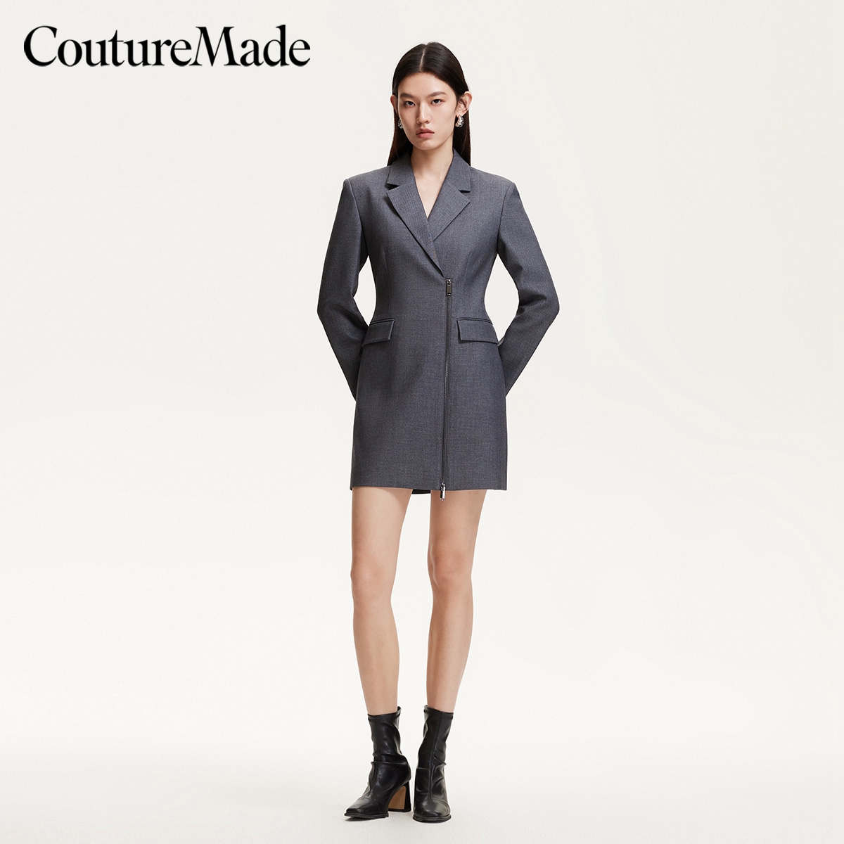 Couture Made连衣裙2025垫肩拉链门襟千金裙子氧气裙小众慵懒风
