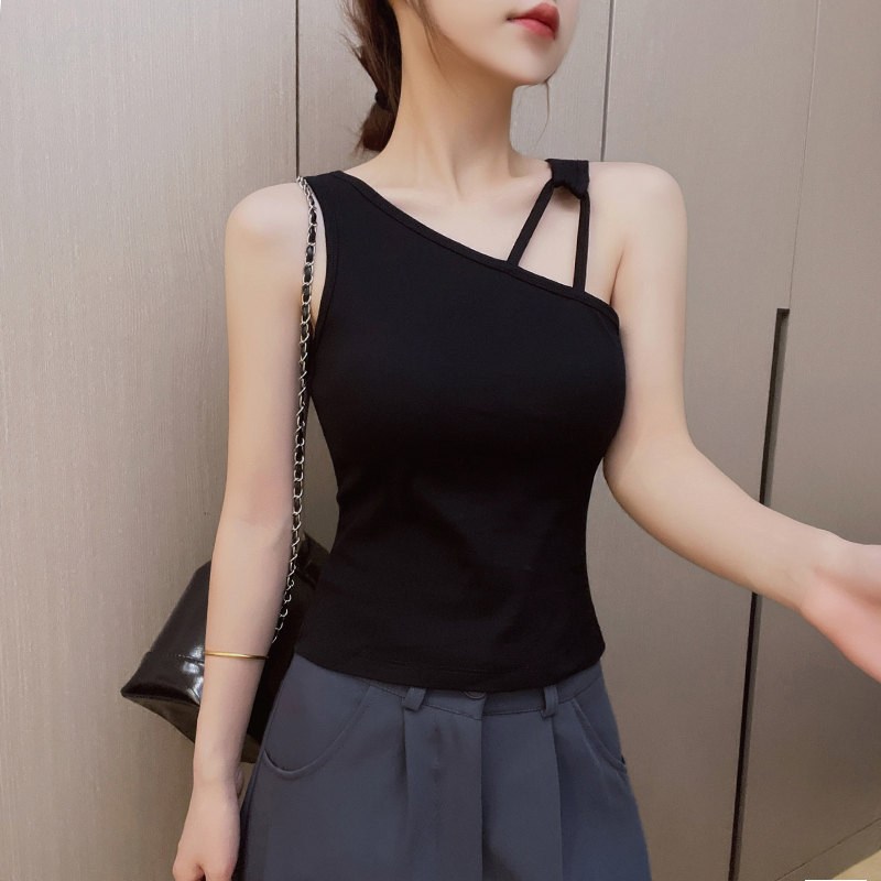 幂式性感风纯棉带罩杯斜领美背吊带背心夏季新款露肩修身无袖上衣