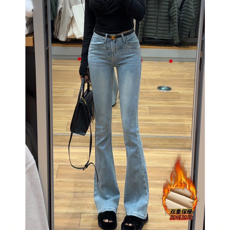 冰蓝色提臀高腰加绒微喇牛仔裤女2025年冬季新显腿长喇叭长裤