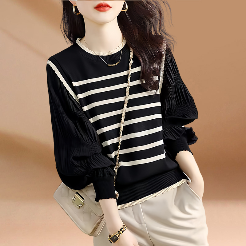 赫本风冷淡系高级感上衣初秋季新款灯笼袖圆领拼色条纹针织衫女装