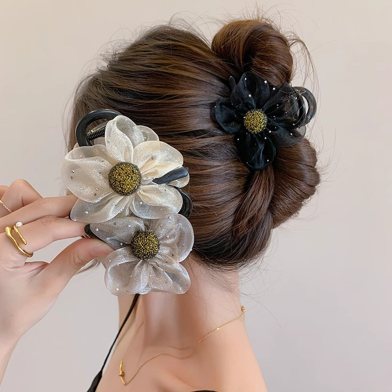 【2个装】高级感网纱水钻花朵抓夹新鲨鱼夹高马尾发夹后脑勺夹发饰