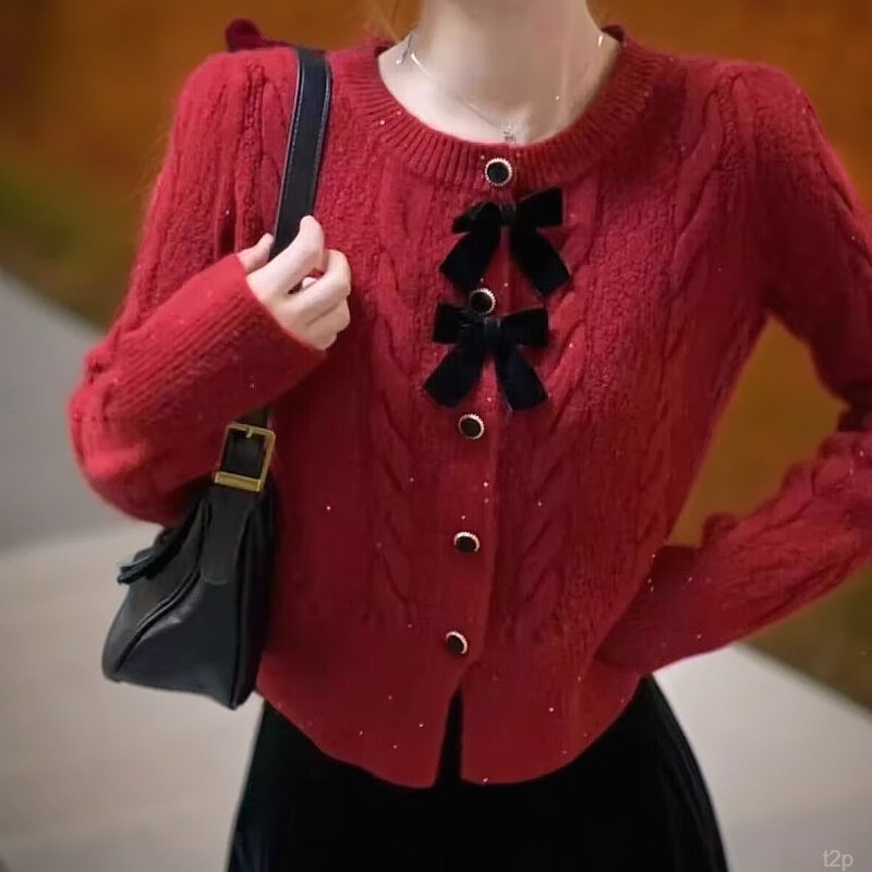 新年红色法式小香风蝴蝶结设计圆领针织衫新款百搭短麻花开衫毛衣