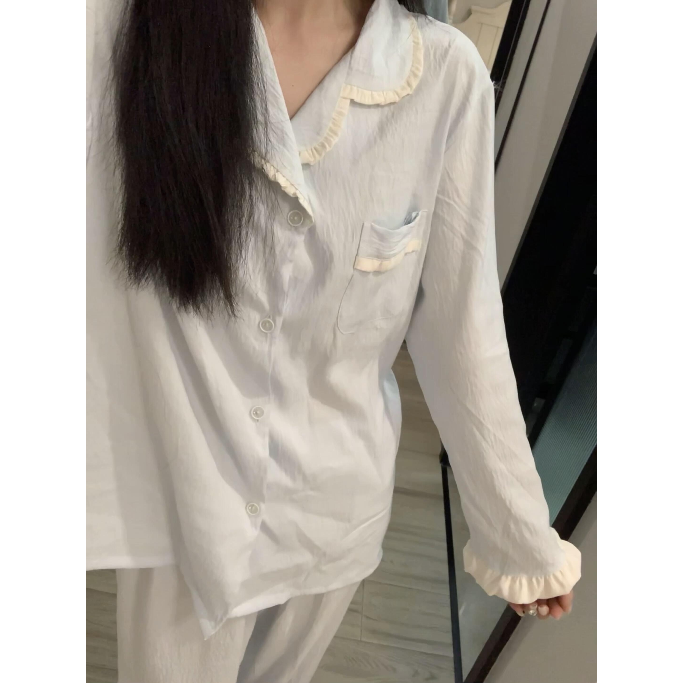 【花边baby蓝】软糯糯亲肤长袖睡衣女套装大码秋冬新款甜美家居服女