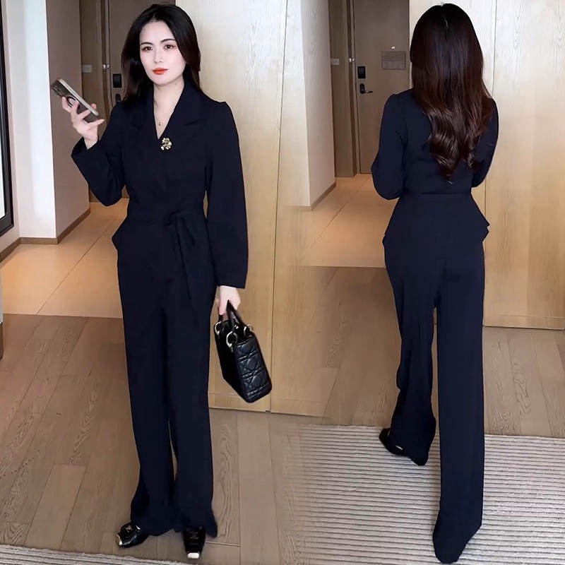 时尚西装套装女2025秋季新款洋气显瘦绑带西服上衣阔腿裤两件套潮