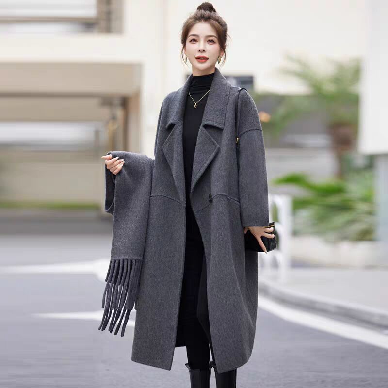 双面羊毛大衣女2025秋冬新款赫本风高级感时尚中长款毛呢围巾外套