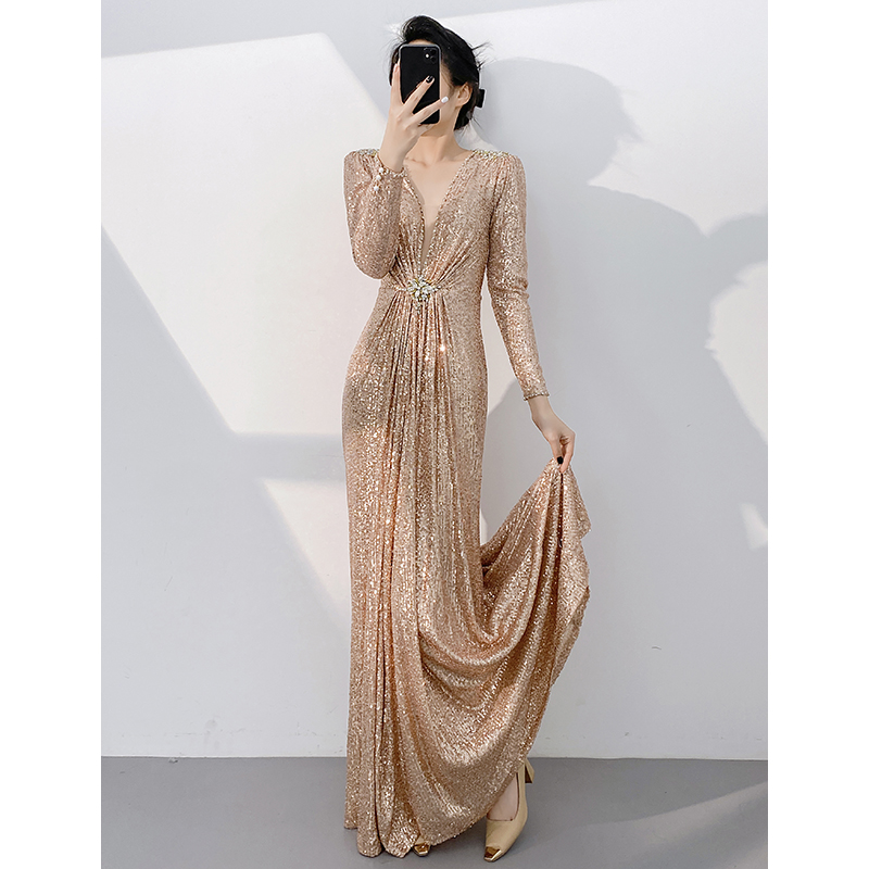 长袖晚礼服女高级感年会气质轻奢小众高端主持人亮片裙修身显瘦冬