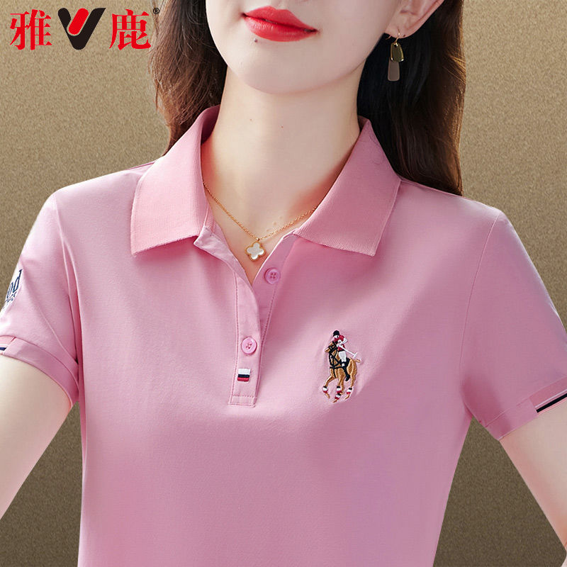 雅鹿95棉短袖女夏季新款翻领洋气妈妈T恤上衣休闲运动POLO衫大码