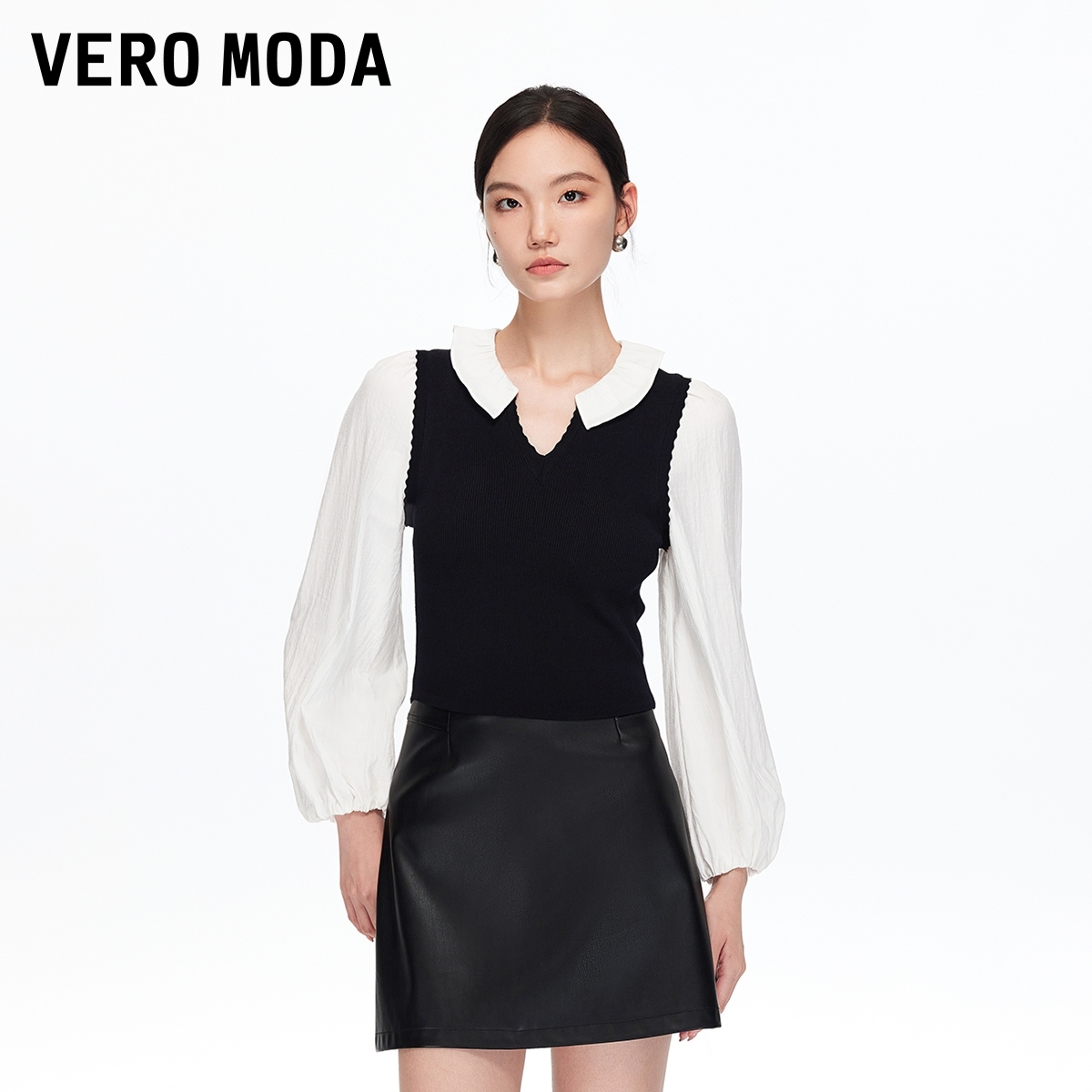 Vero Moda针织【柏拉图】假两件撞色V领七分袖上衣流光风老钱风