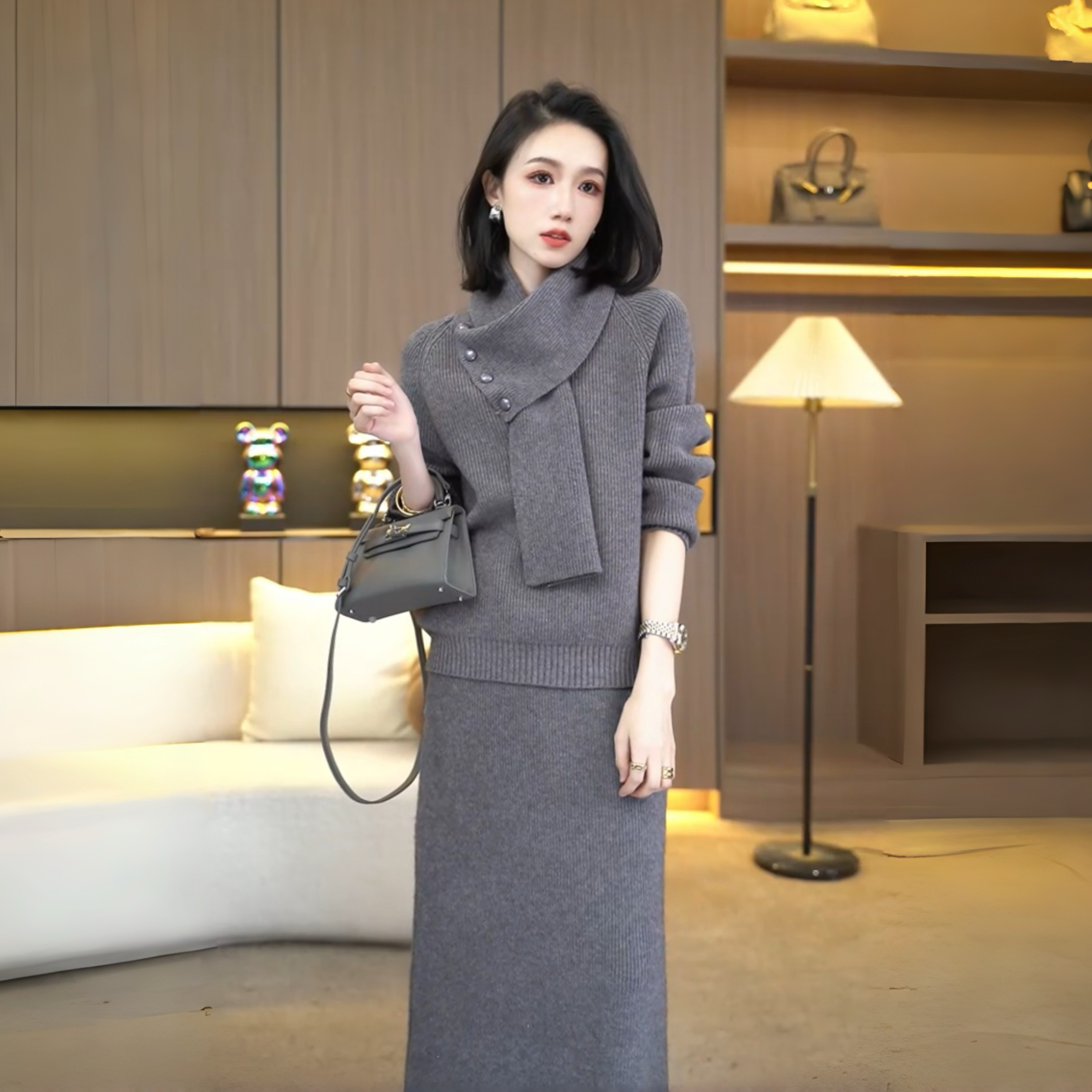 2025秋冬新款轻奢高级感配围巾加厚套装毛针织毛衣裙子两件套装女