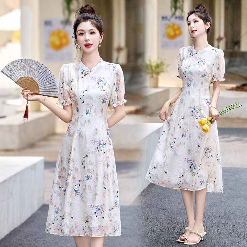 印花连衣裙夏季碎花A字雪纺裙中国风碎花法式时尚显瘦裙子气质