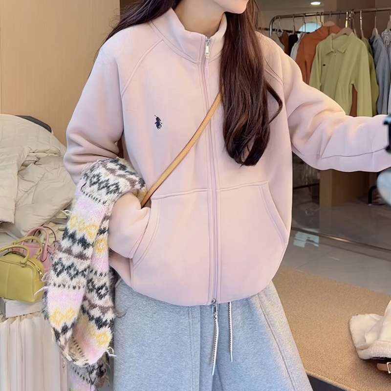 2025秋冬新款加绒加厚立领拉链刺绣极简风保暖卫衣女LK2507273