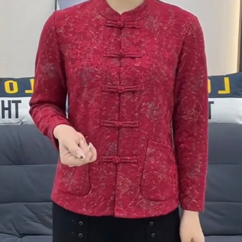 中老年女装提花盘扣长袖双兜宽松舒适百搭减龄上衣