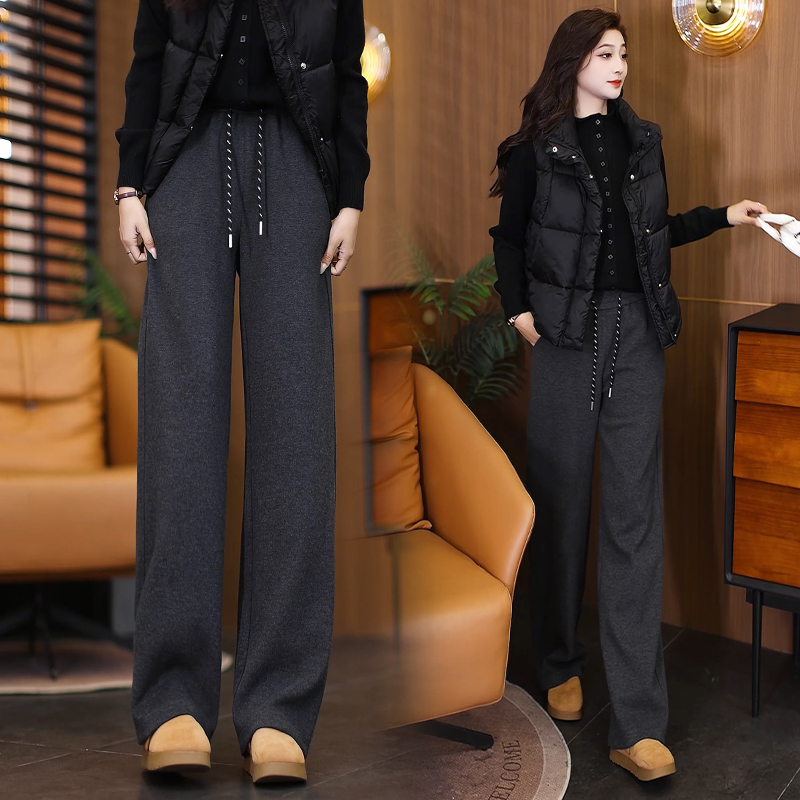 松紧高腰加绒休闲直筒裤女2025冬季新款毛呢极简风垂感宽松阔腿裤