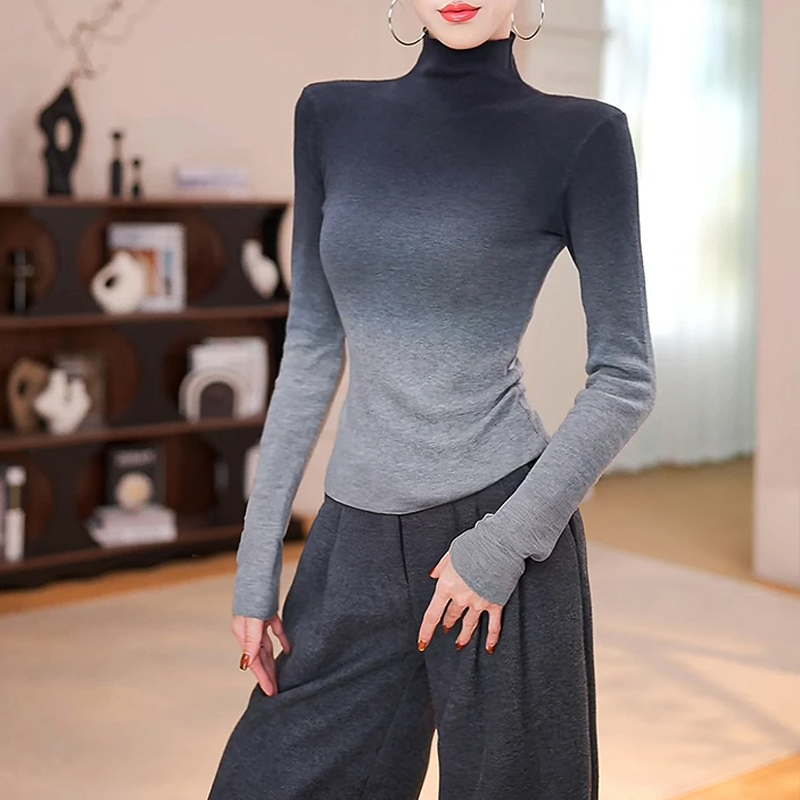 秋冬季新款修身针织女2025年高领渐变晕染套头长袖百搭显瘦打底衫
