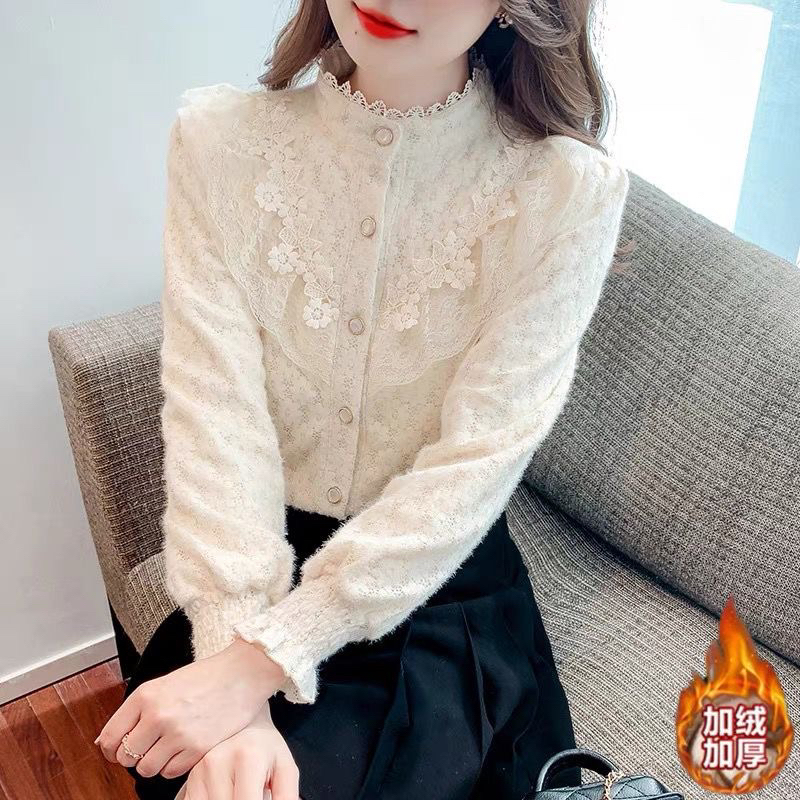 女士秋冬加绒加厚半高领蕾丝打底衬衫法式设计感内搭长袖上衣